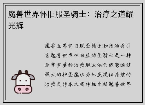 魔兽世界怀旧服圣骑士:治疗之道耀光辉