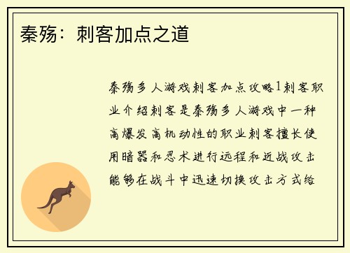 秦殇：刺客加点之道