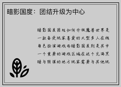 暗影国度：团结升级为中心